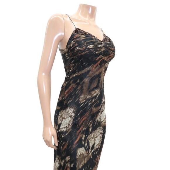 Y2K LE CHATEAU Brown Animal Print Maxi Slip Dress Beaded Bodice XS - Picture 4 of 8
